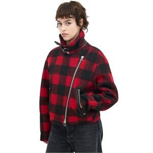 Veronica Beard Benni Buffalo Plaid Moto Jacket Red Black Sherpa Lined Small